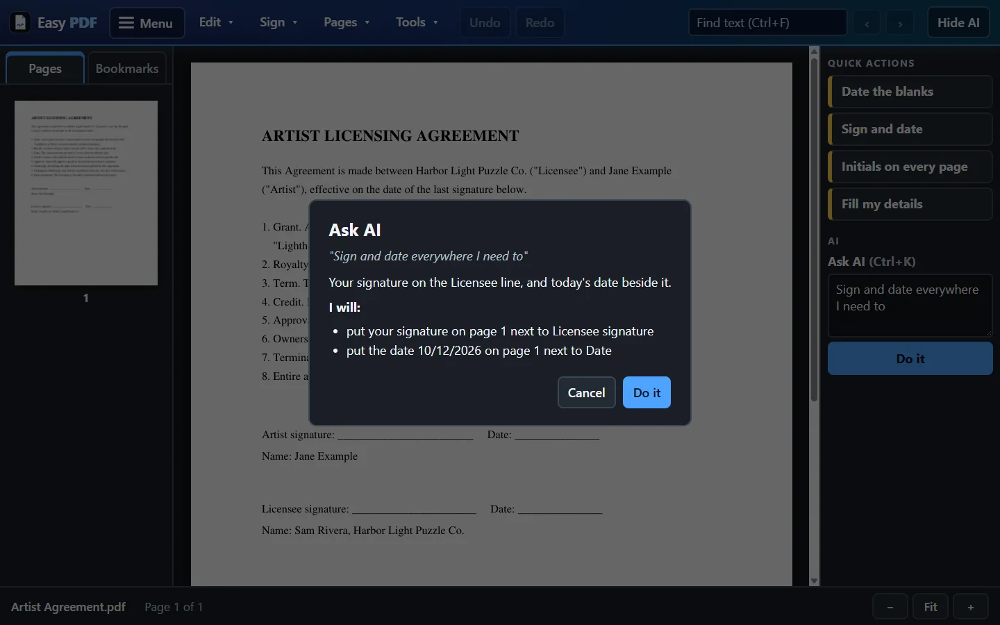 The Ask AI preview: for the request Sign and date everywhere I need to, it lists putting the signature next to Licensee signature and the date next to Date, with Cancel and Do it buttons.