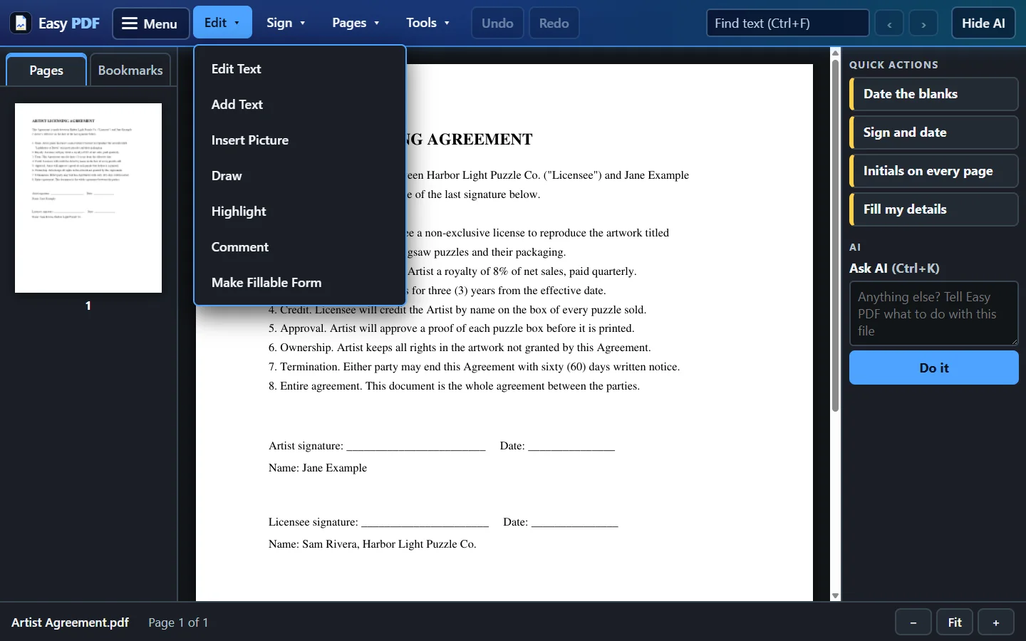 The Edit menu open: Edit Text, Add Text, Insert Picture, Draw, Highlight, Comment, Make Fillable Form.