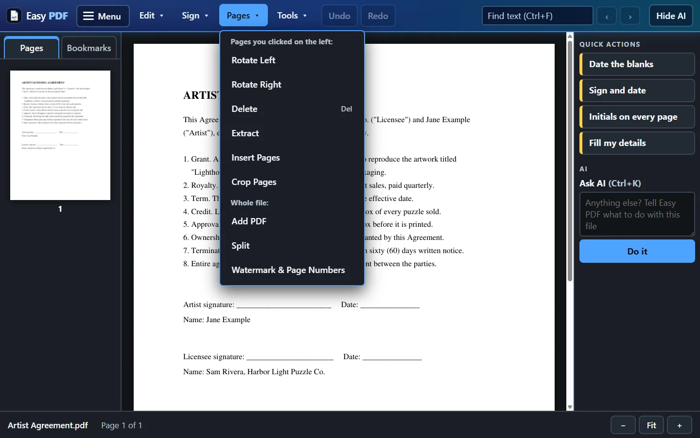 The Pages menu open: Rotate Left, Rotate Right, Delete, Extract, Insert Pages, Crop Pages, Add PDF, Split, Watermark and Page Numbers.