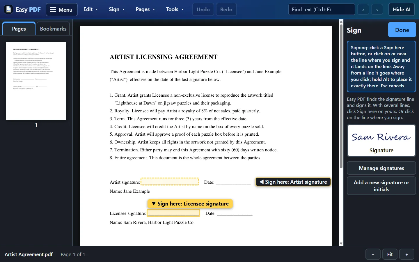Two Sign here buttons on the contract, the Licensee line highlighted as the likely one, with the saved signature shown on the right.
