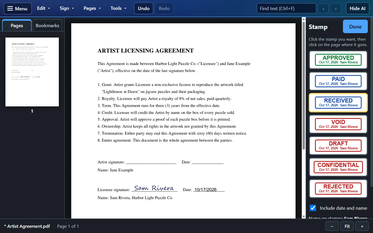 Easy Way PDF with a contract open and marks like DRAFT and CONFIDENTIAL ready to place