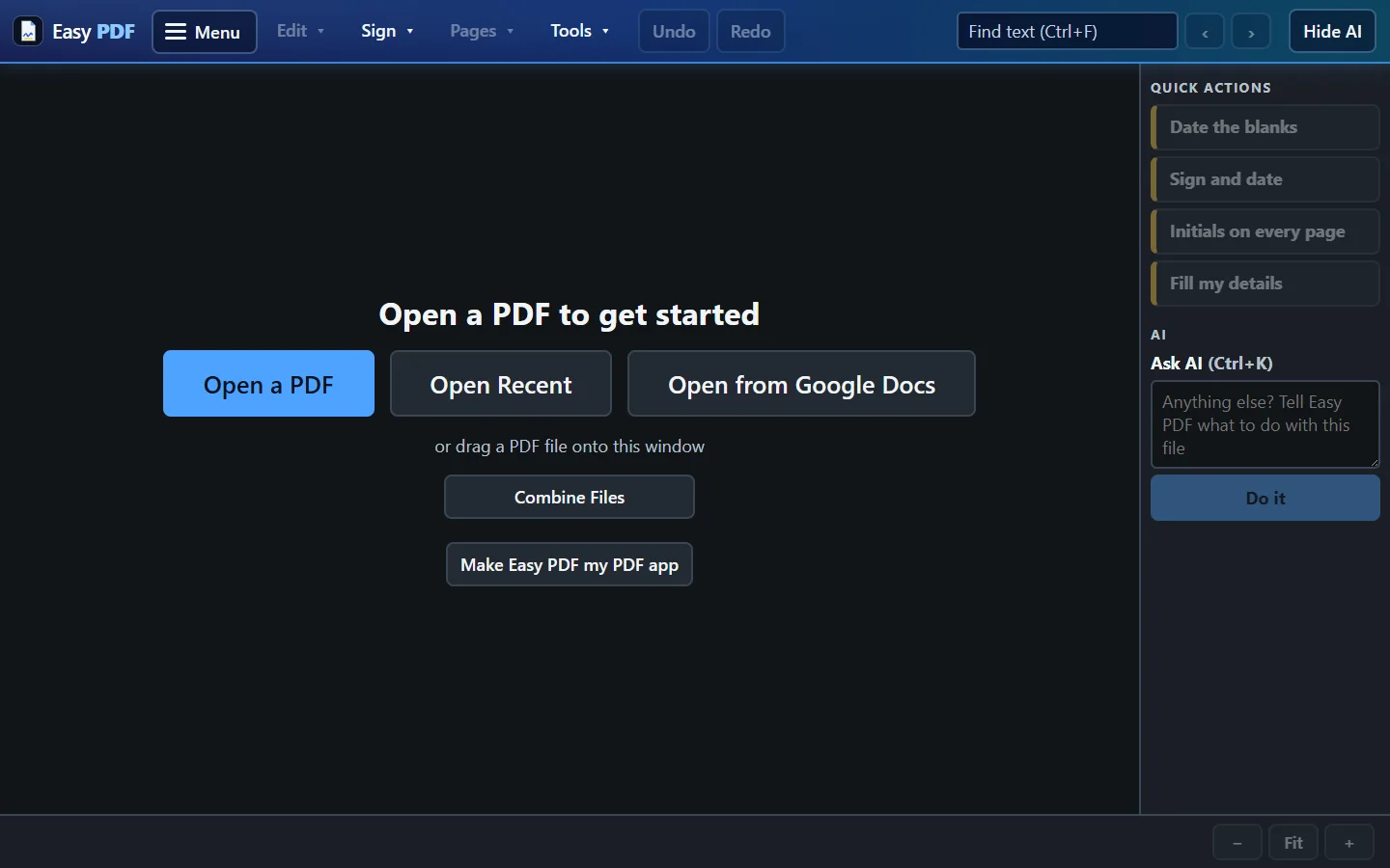 The Easy PDF start screen: Open a PDF, Open Recent and Open from Google Docs as big buttons, plus Combine Files and Make Easy PDF my PDF app.